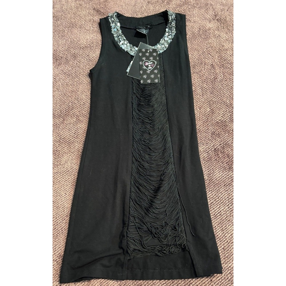 Flowers by Zoe Black Fringe Sequin Neck Mini Dress Junior M Rocker Goth DL115SSQ